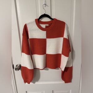 moon & madison Orange and White Checkered Cropped Sweater
